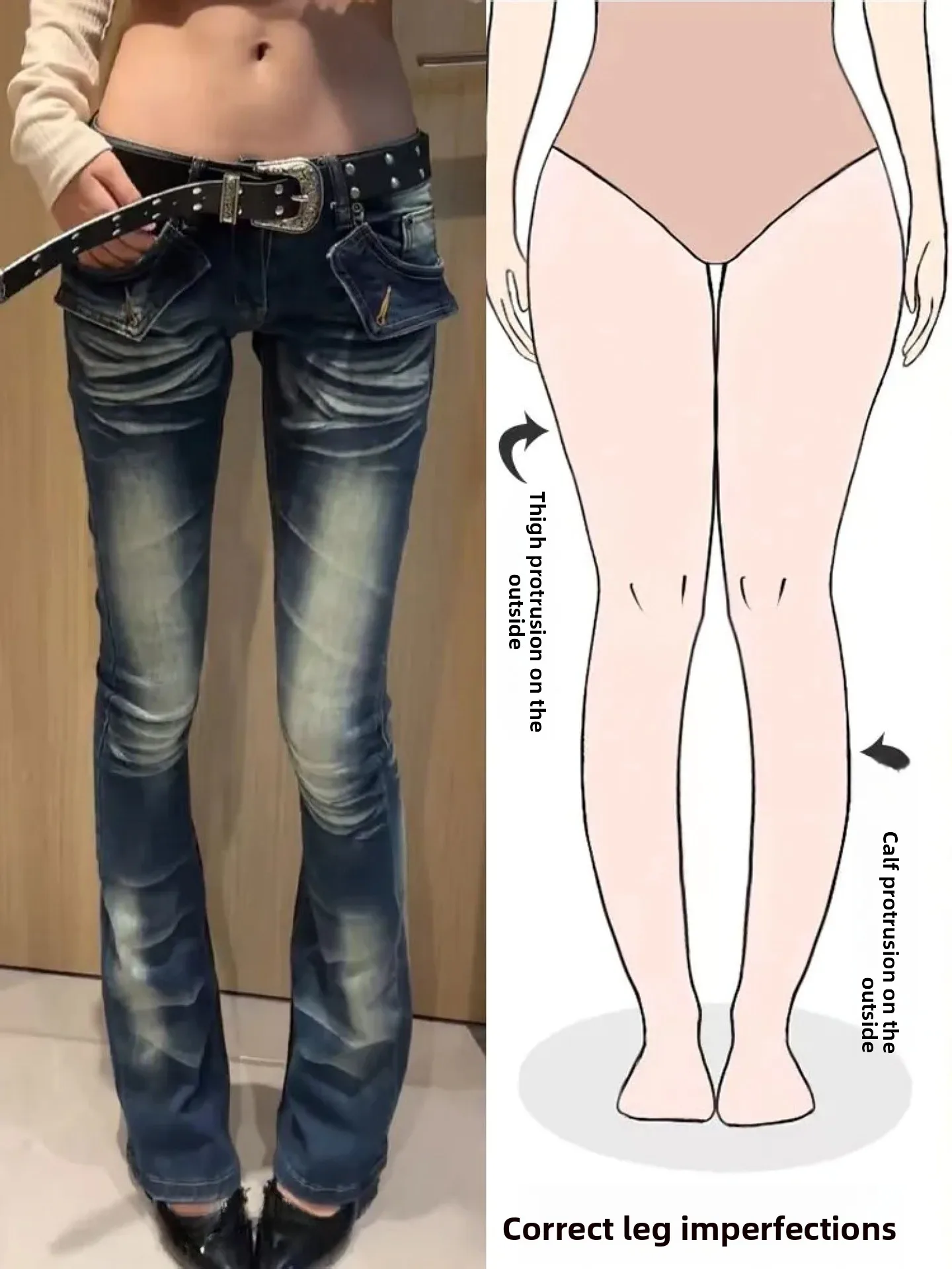 

Low Waist Bell Bottom Denim Jeans Women's Retro Washed American Style Spring New Street Sexy Pear Shape Body Fit Long Pants