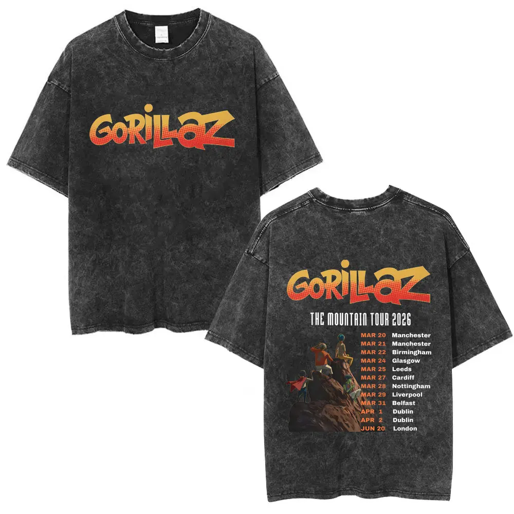 

Washed Vintage Rock Band Gorillaz The Mountain Tour 2026 T-shirt Men Women Hip Hop Fashion Oversized T Shirt Men's Streetwear