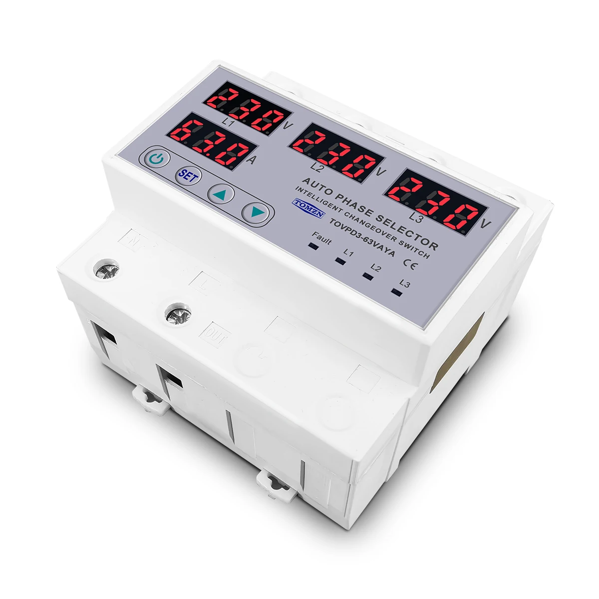 63A TOMZN 3 Phase 3P+N DIN Rail Phase Selector Adjustable Over And Under Voltage Current Protection Monitor Relays Protector