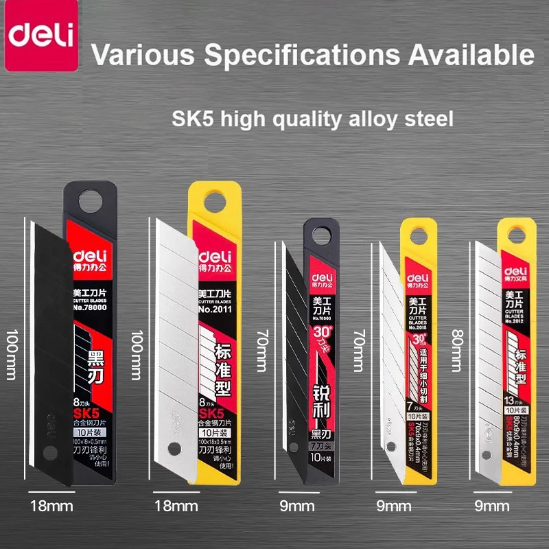Deli Cutter Blades High-Quality Black/Silver Alloy Steel Replacement Blade Fit for All Type Knife, Use in Home Office Art Crafts