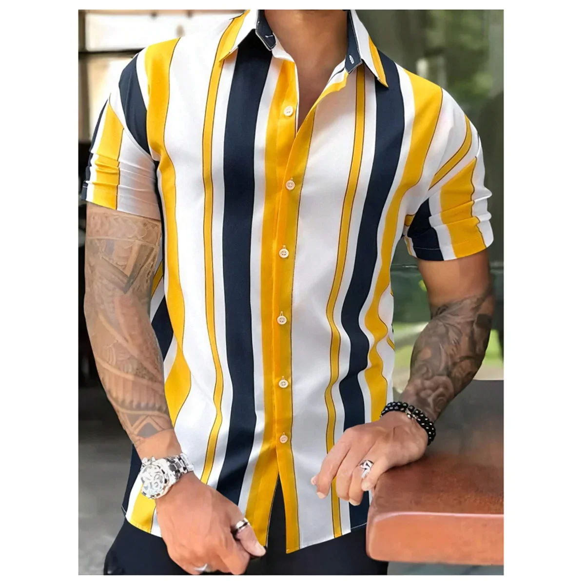 2024 Hawaiian shirt men\'s short sleeved striped patchwork lapel shirt summer fashion street high-quality comfortable clothing