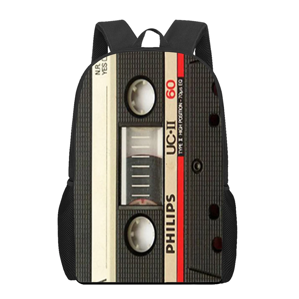 Mochila Retro con Cassette de cinta para hombre y mujer, bolso de libro con estampado de casete, informal, para ordenador portátil, para adolescentes, niños y niñas