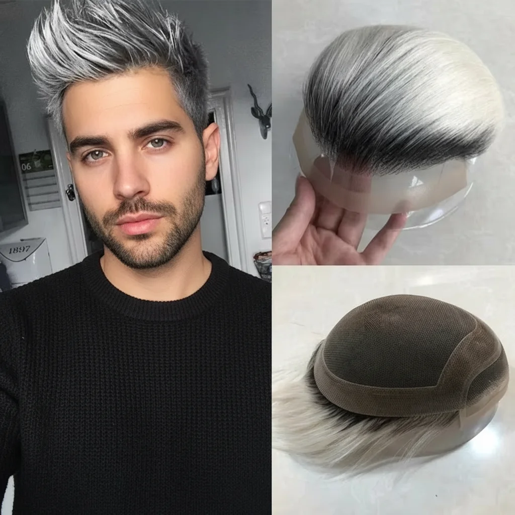 

Older Men Toupee 100% Human Hair Mono Base Lace With PU Natural Gray Shades 1B20 1B60 1B80 Hair Replacement System