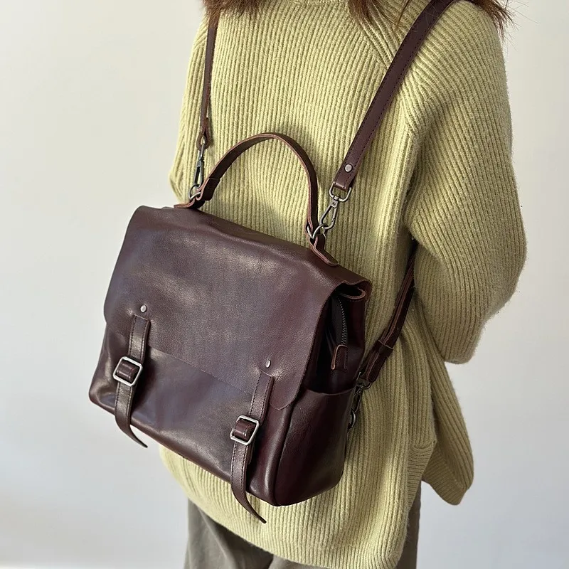 Johnature 2026 New Genuine Leather Women's Backpack Large Capacity Commuting Travel Backpack Multi Functional Shoulder Bag