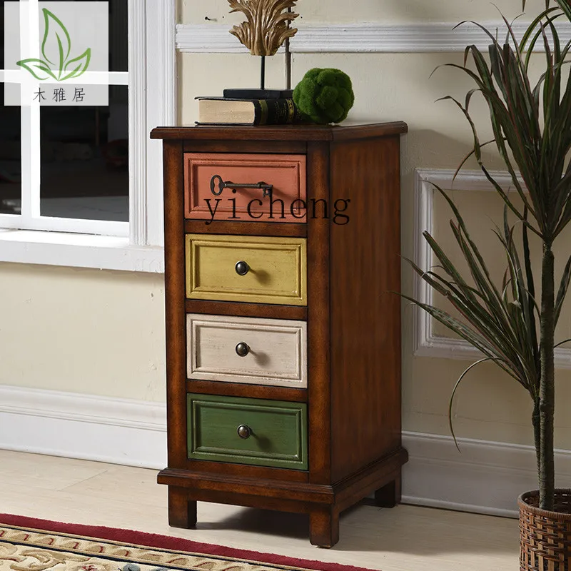 TQH country living room solid wood small chest, bedroom old storage cabinet, European hand-painted storage drawer cabinet