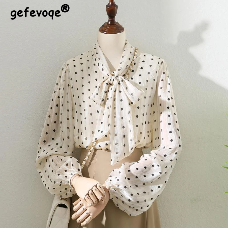 Vintage Elegant Chic Polka Dot Print Bright Silk Long Sleeve Blouse Top Women New Spring Autumn Casual Bow Lantern Sleeve Shirts