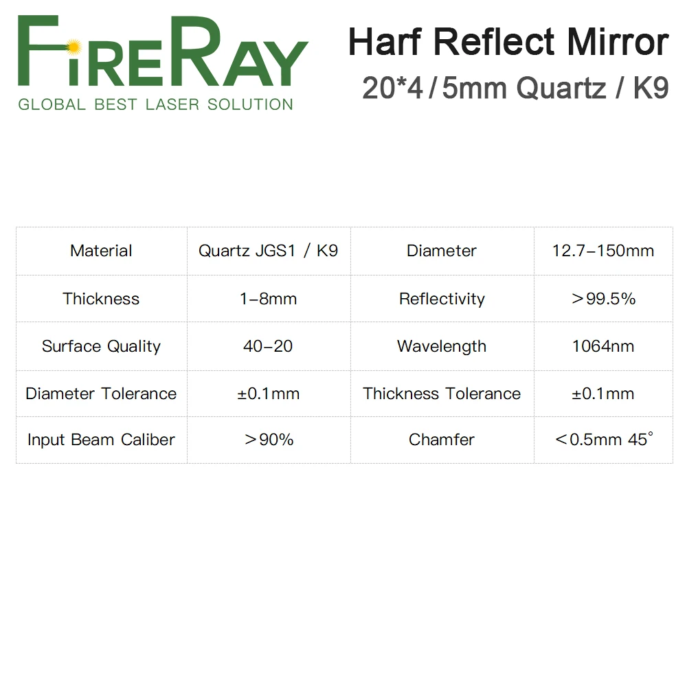 FireRay Half Reflect Mirror 20*4mm 20*5mm Quartz / K9 Material for YAG Laser Welding Machine