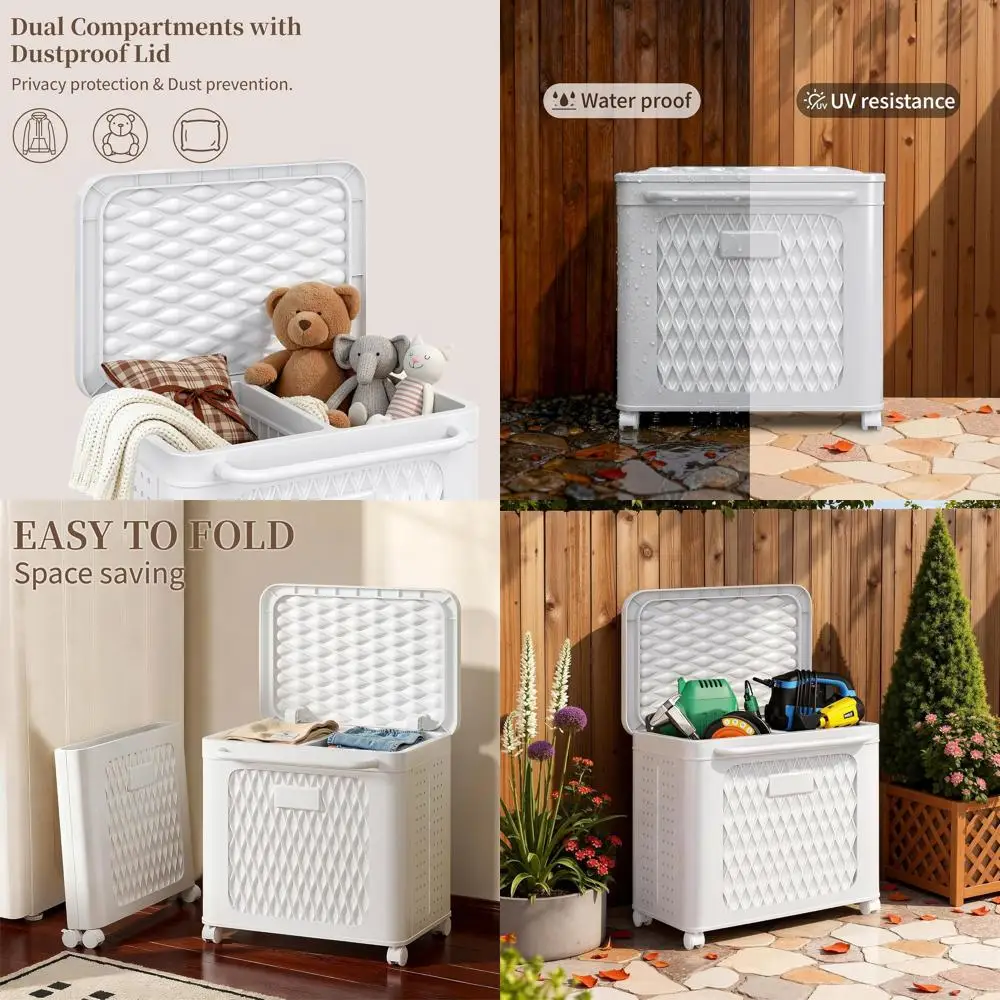 Wheeled Waterproof Outdoor Storage Box for Patio Furniture, Garden Tools, and Pool Supplies, Foldable, White, 19.3x13.8x19.1