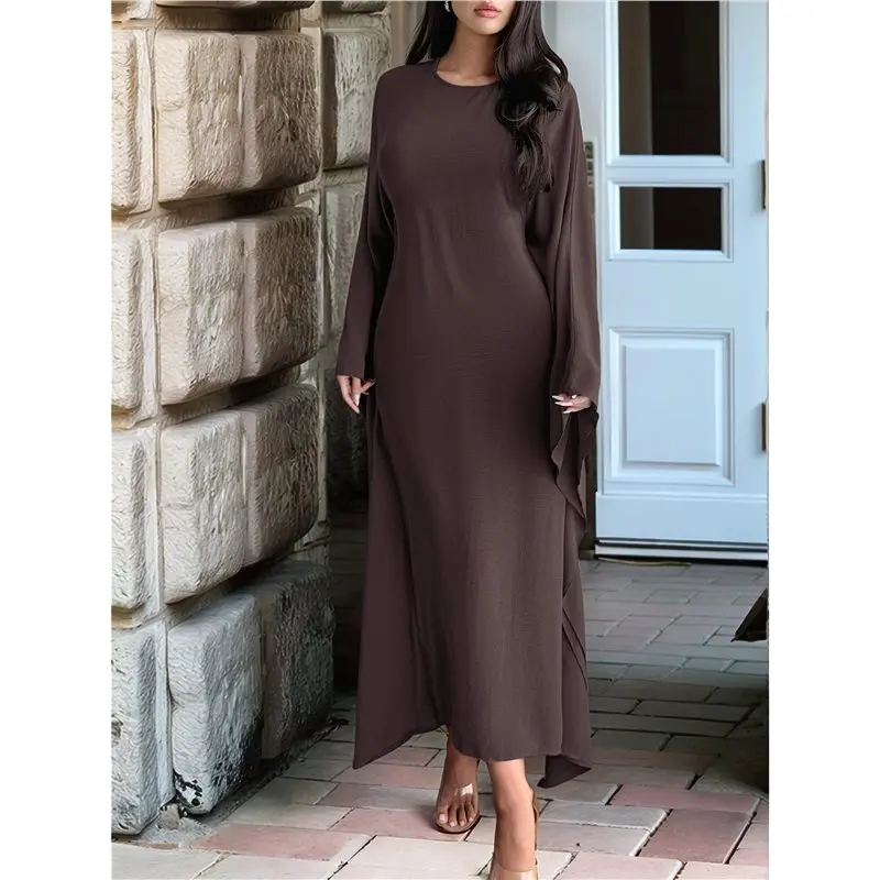 SYW-Women's Elegant Solid Color Long Sleeve Dress Bat Sleeve Islamic Maxi Robe