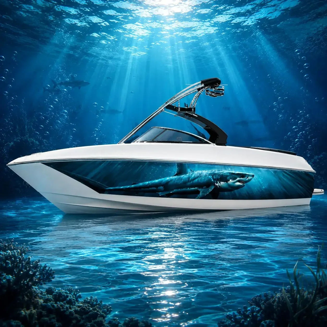 Boat Hull Side Decal Set, Blue Shark Underwater Marine Graphic Stickers, 2-Piece Decorative Side Wrap for Motorboats