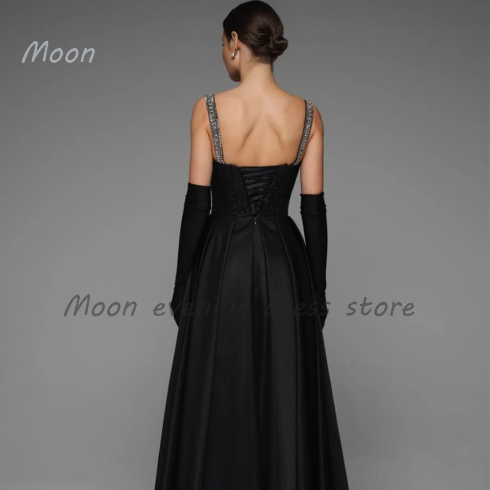 Moon black Girl‘s ankle-length formal occasion dress with Spaghetti Strap gloves A-line sequin pleated birthday party prom gown