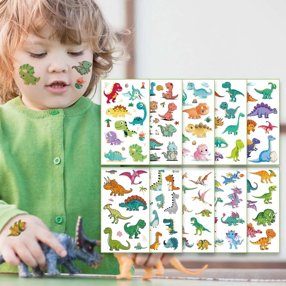 10Pcs/set Fake Tattoo Stickers Cartoon Temporary Tattoos Kids Arm Tattoos Kids Dinosaur Fun Party Tattoo Waterproof Stickers