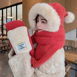 2021 Korean winter new Bib three piece integrated warm ear cap fashion Christmas scarf thick ear cap warm women's scarf beanie