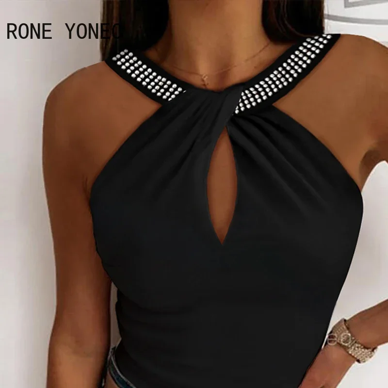 Women Chic Sexy Solid Criss Cross Rhinestone Sleeveless Summer Camis Crop Tops