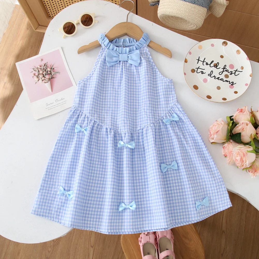 Girls Dresses Summer Sky Blue Checkered Bow  Hanging Neck Dress Beach Vacation Dress Girls Clothes