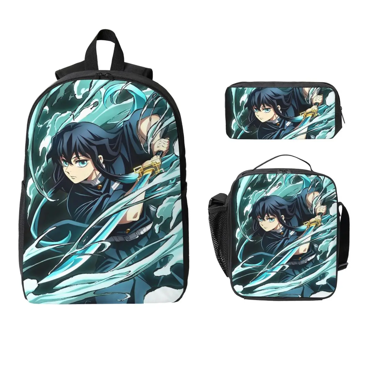 Muichiro Tokito Demon Slayer Kunci Visual Ransel Siswa Laki-laki Perempuan Tas Buku Tas Sekolah 3Ps Tas Makan Siang Terisolasi Kotak Pensil