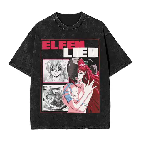 Oversized Washed T-Shirt Elfen Lied Cotton T-Shirts Anime Manga Trendy Cool Tee Shirt for Mens Summer Y2K Fun Pattern Tees