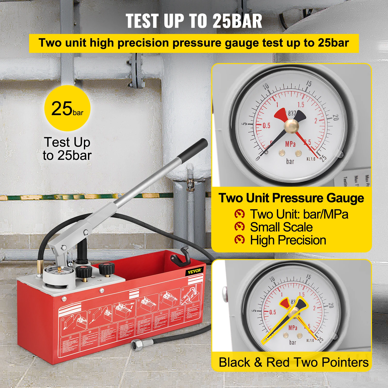 Imagem -03 - Vevor-pressão Hidrostática Teste Bomba Manual Kit Água Pressão Tester Bomba de Teste Hidráulico 25 Bar 25 Mpa 32 Galão Tanque