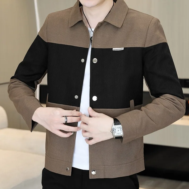 High-quality Men's Jackets 2024 Autumn Winter Wide-waisted Casual Lapel Jacket Color Blocking Fashion Versatile Coats Overcoat