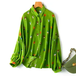 Women Silk Shirt 100% Mulberry Silk Crepe Silk Green Cartoon Printed Collared Buttons Down Lantern Long Sleeve Top Blouse 8283