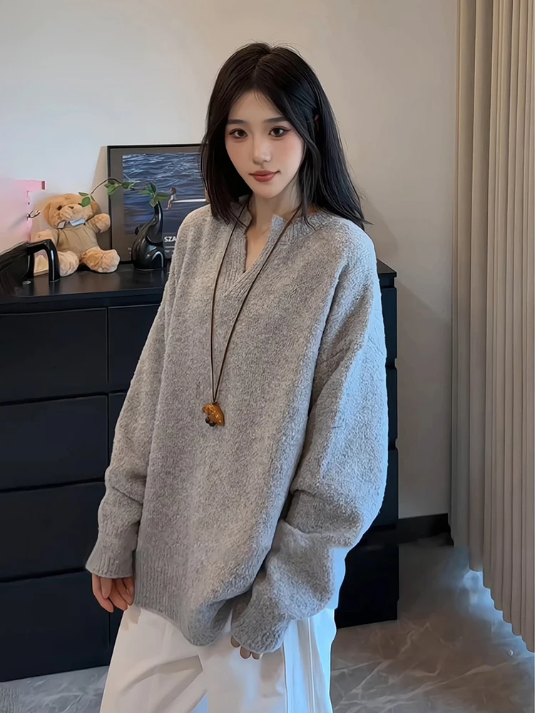 

Американский ретро-свитер с V-образным вырезом, высококачественный вязаный джемпер унисекс, осенний, свободного кроя, с длинными рукавами, с круглым вырезом