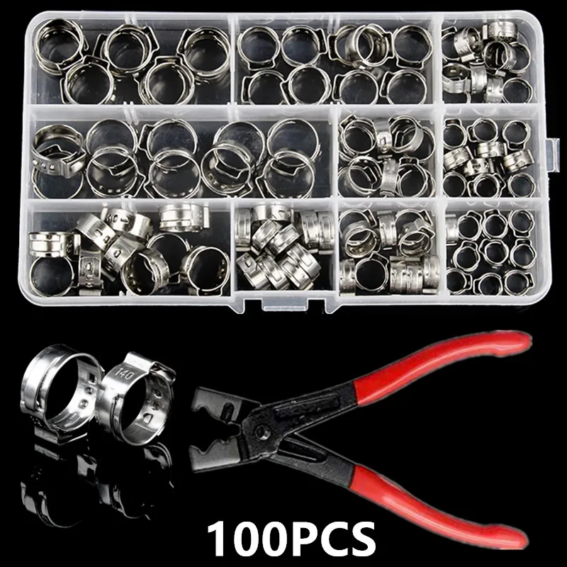 100 ชิ้นกล่องสแตนเลสสตีลหูเดี่ยวผสม + Vise Clamp แหวนจีบหยิกชุดคีมไม้ Clamps