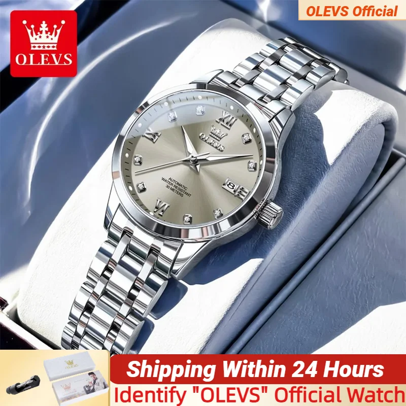 

OLEVS 9946 Женские часы Ремешок из нержавеющей стали Двойной календарь Дисплей Светящиеся водонепроницаемые автоматические механические часы для женщин