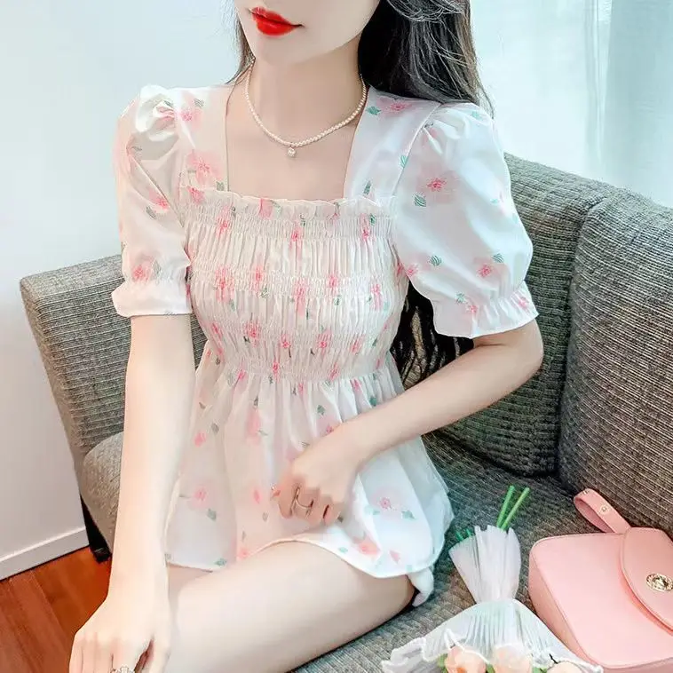 Square Collar Short-sleeved Chiffon Shirt Women's Backless New Style with Floral Super Waist-hugging