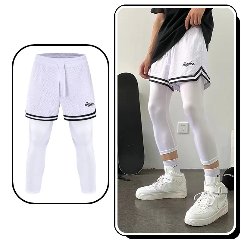 Fake Two Basketball Pants American Men Autumn Gym Training Running Shorts Sports Women Anti-light High Elastic Cropped Tights