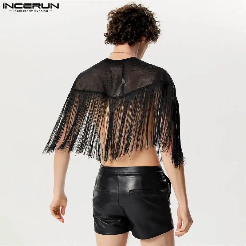 2024 Men Tank Tops Cloak Tassel Patchwork O-neck Sleeveless Irregular Vests Streetwear Sexy Fashion Male Ponchos INCERUN S-5XL