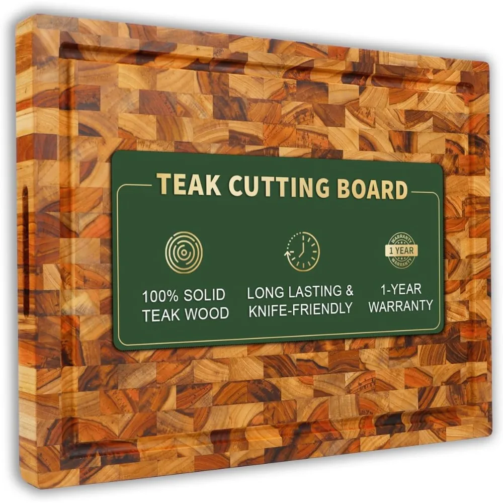 

Teak Wood End Grain Cutting Board, Wooden Cutting Boards for Kitchen with Juice Groove Hand Grip Medium, Gifts for Her,