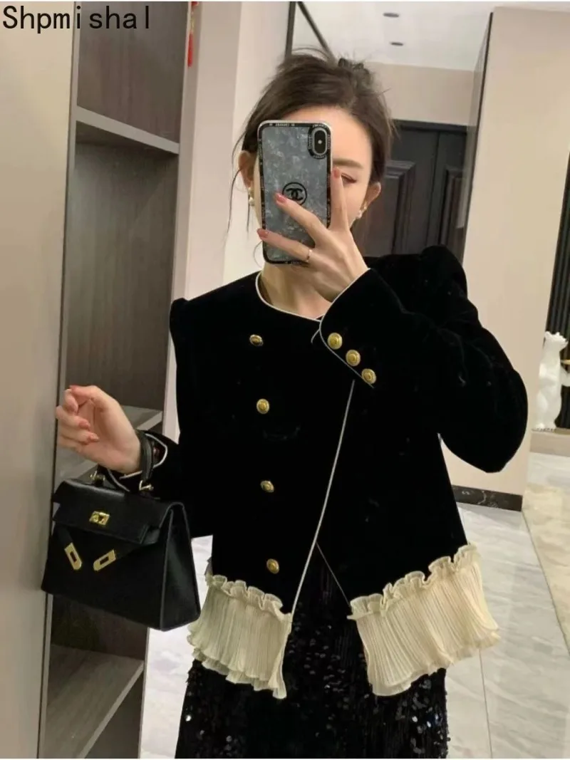 

2023 Autumn/Winter New Elegant Design Feeling Velvet Coat Women's Panel Top Sequin Half Skirt Two Piece Set Female Clothing