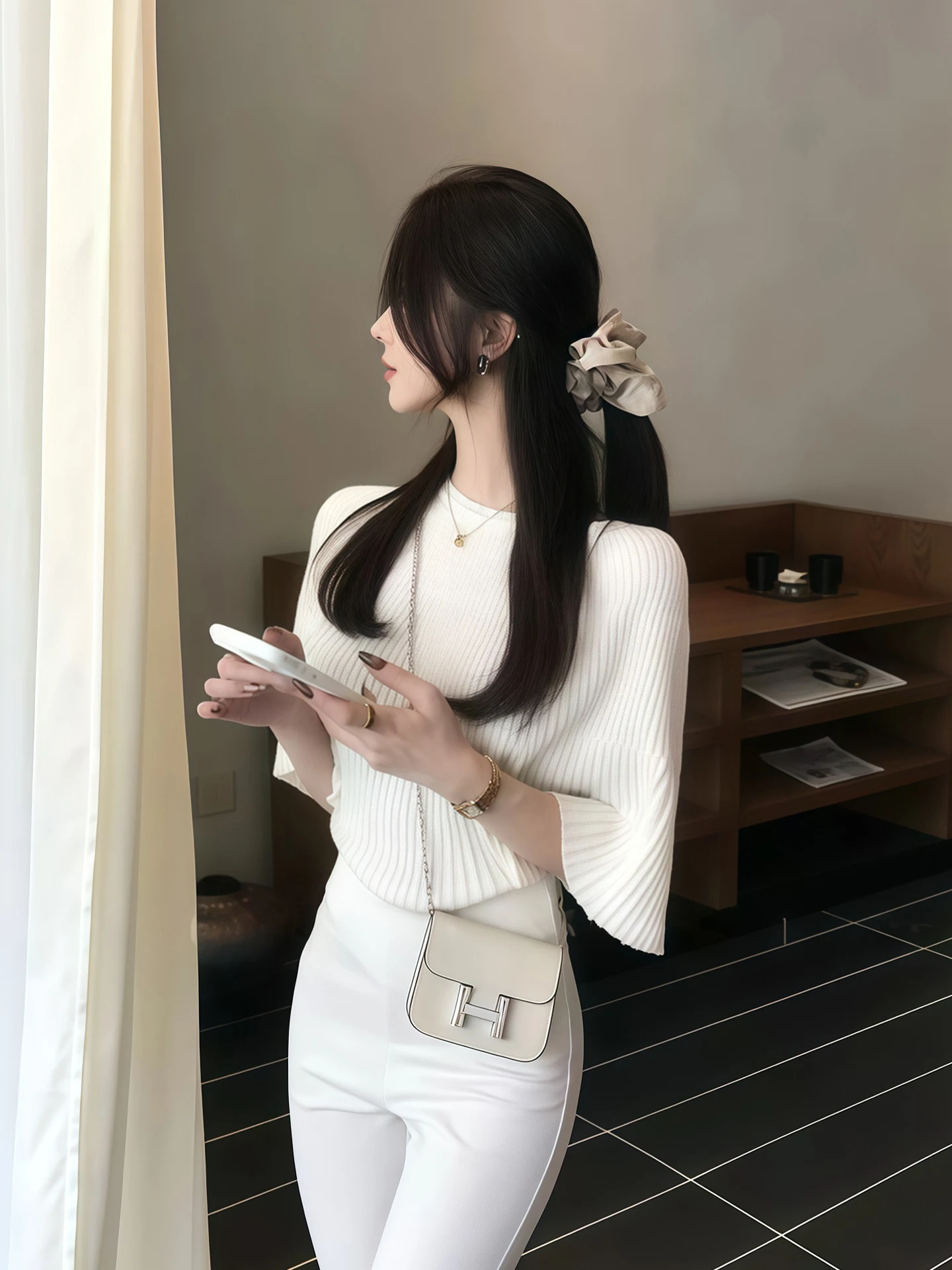 

Slim Fit High Waist Long Pants Set Women's Early Spring Fashion round Neck Striped mid Sleeve Top And Pants Ensemble