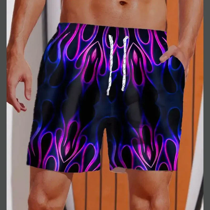 3D Printed Striped Flame Beach Shorts Men\'s Splicing Grid Pattern Board Shorts Summer Drawstring Breathable Hawaiian Swim Trunks