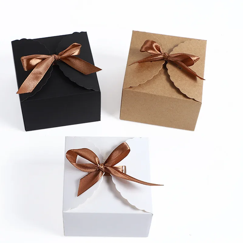 

12/24PCS Vintage Kraft Paper Box with Ribbon Baby Shower Cookies Chocolate Cake Packaging Box Wedding Party Candy Square Gift B