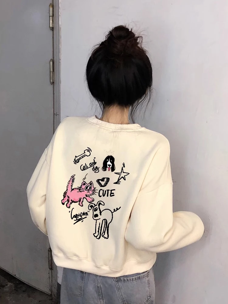 

American Style Fleece Lined Loose Short round Neck Sweatshirt Women's Trendy Autumn Winter New Arrival Pastel Color Sweatshirt