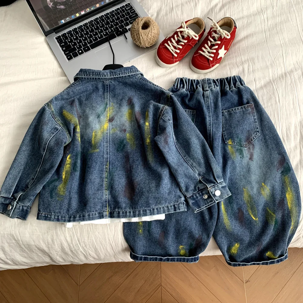 Boys Suit 2026 Autumn and Winter New Childrens Wear Korean Boys and Girls Foreign Graffiti Splashing Ink Denim Two-piece Set