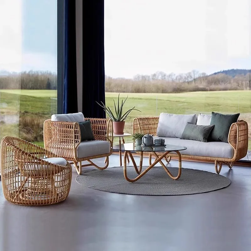 

qw New Outdoor Metal Sofa Combination Garden Garden Outdoor Waterproof Sun Room Casual Guest House Rattan Chair Coffee Table%