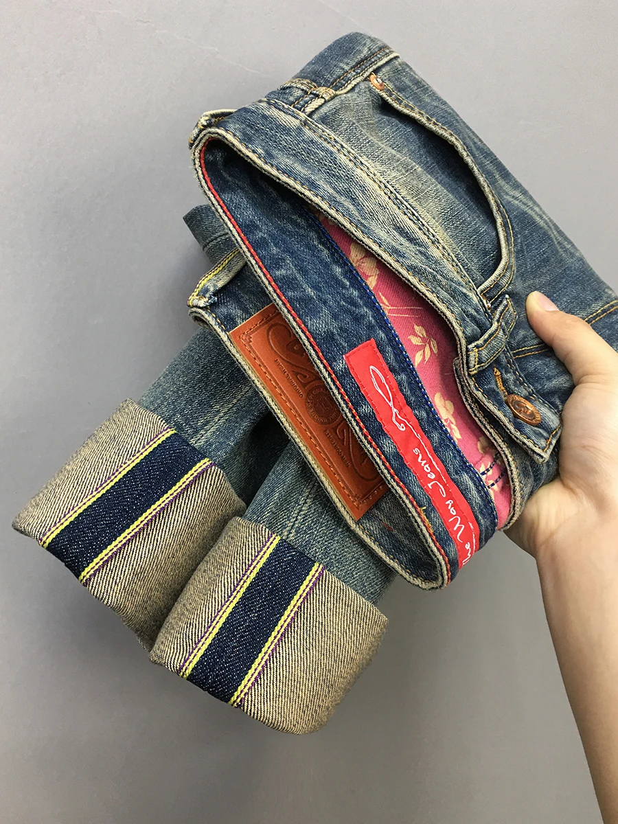 Summer Thin High Quality 100% Cotton Yellow Selvedge Denim Jeans for Men American Vintage Blue Loose Straight Pants Casual Y2k