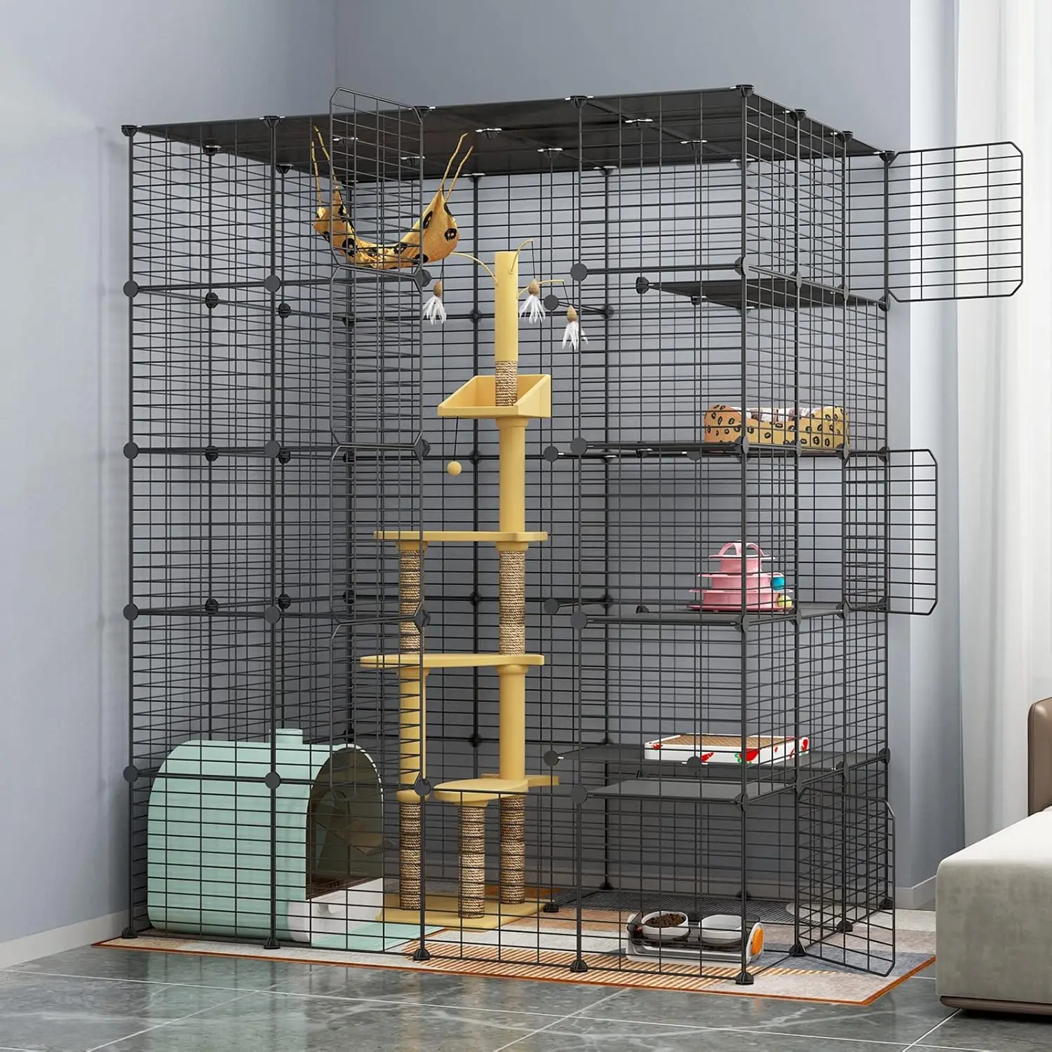 

Large Cat Cage Indoor Cat Playpen Metal Wire Kennels Crate Ideal for 1-4 Cats Black DIY cage Easy assembly