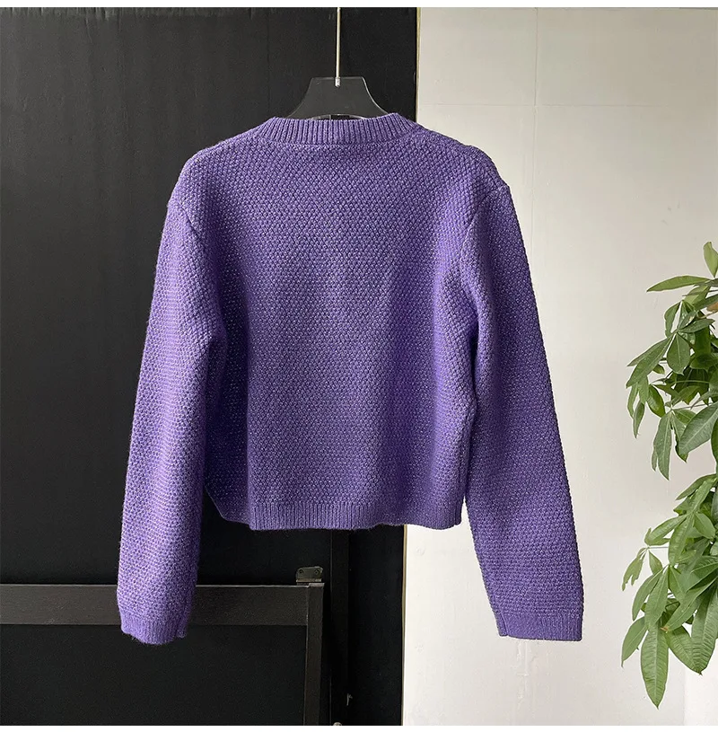 Purple short cardigan, round neck, versatile patch pocket knit sweater jacket, 2024 autumn/winter new French style