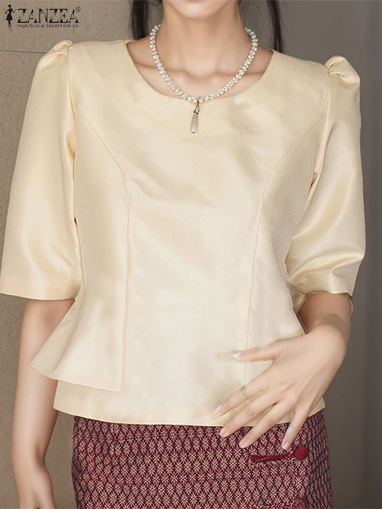 

ZANZEA Elegant Ruffled Shirts 2025 Satin Blouse Women Summer Fashion Half Sleeve Solid Color Waisted Tunic Tops Casual Blusas