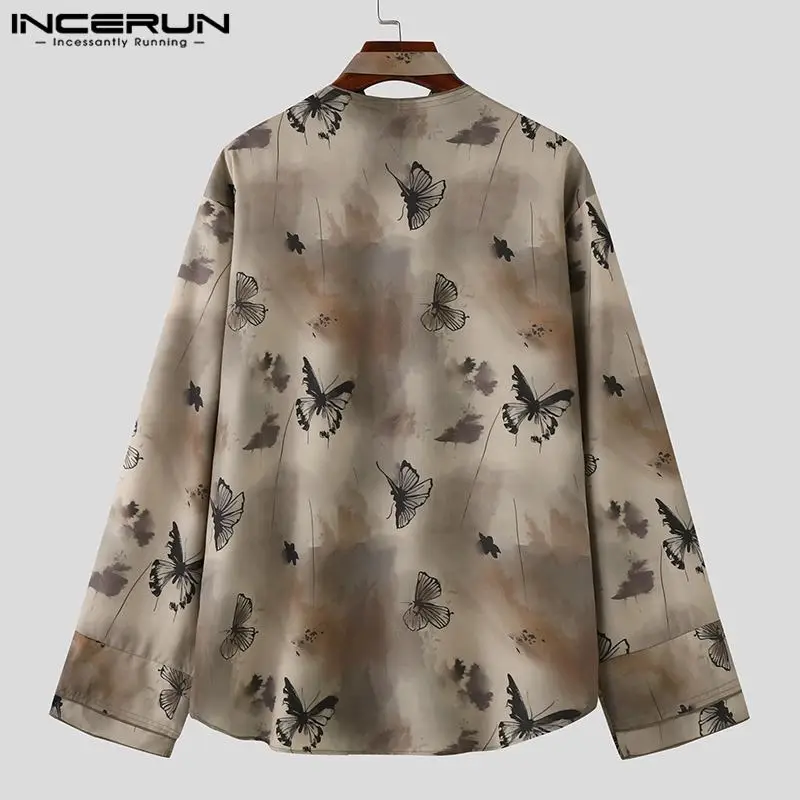 INCERUN Men\'s Shirt Printing V Neck Long Sleeve One Button Casual Men Clothing Streetwear Loose 2024 Korean Fashion Male Shirts