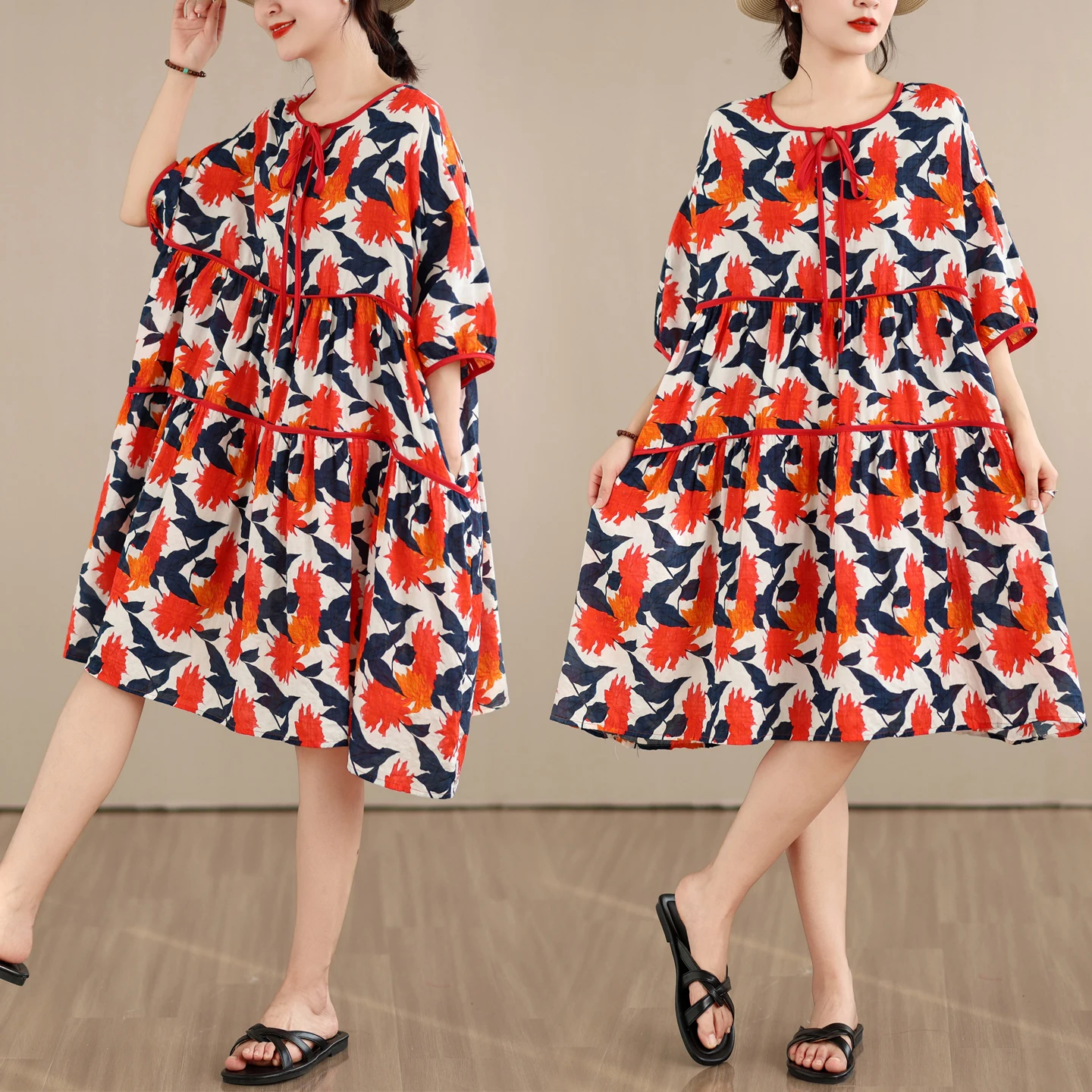 

Summer Large Size Cotton Linen Print Collar Rope Loose Elegant Slimming Versatile Dress Artistic Style High Waist A-Line Skirt