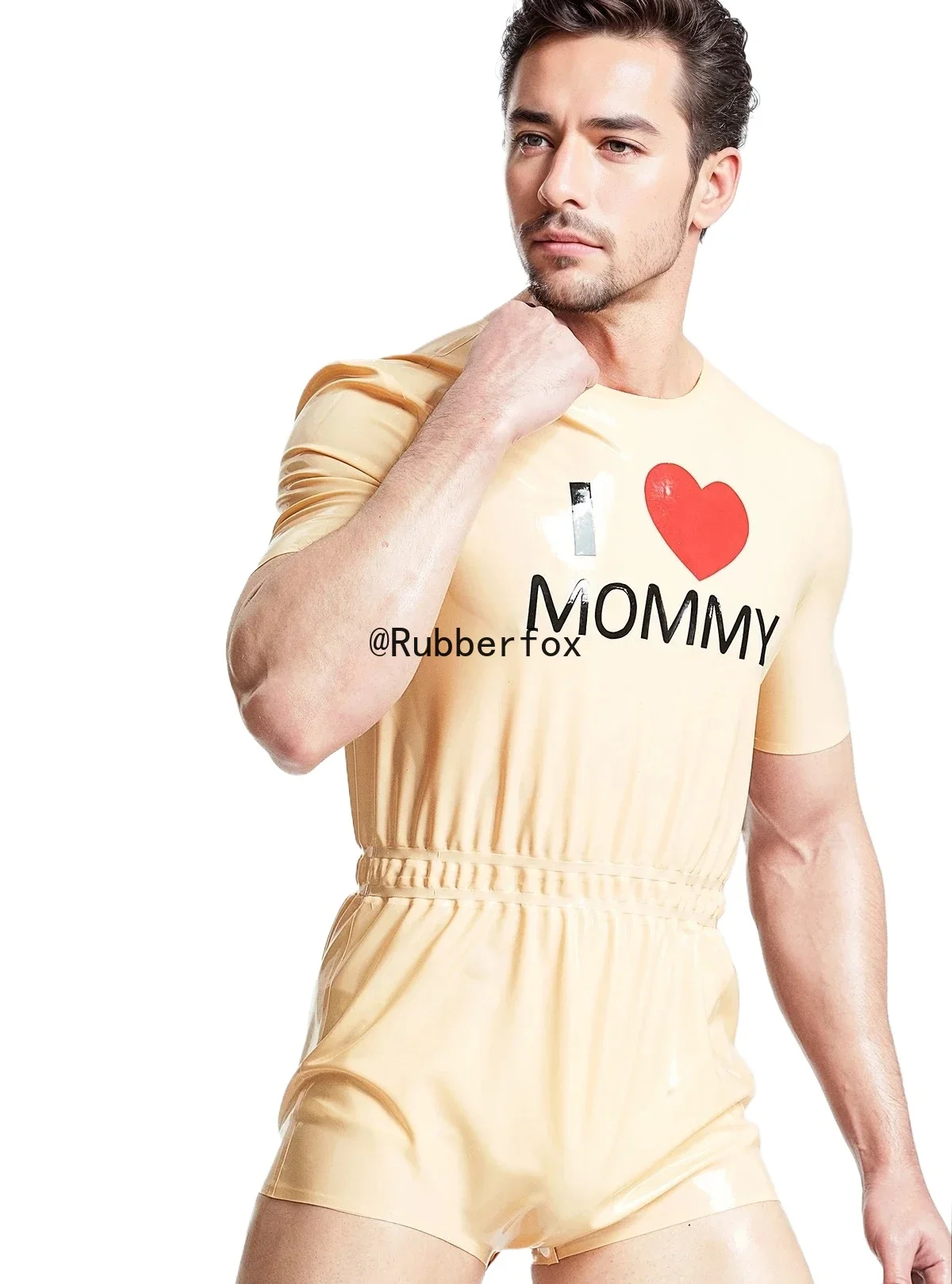 

customized rubber top mens beige latex short sleeved print shorts handmade rubber fetish clubwear costume