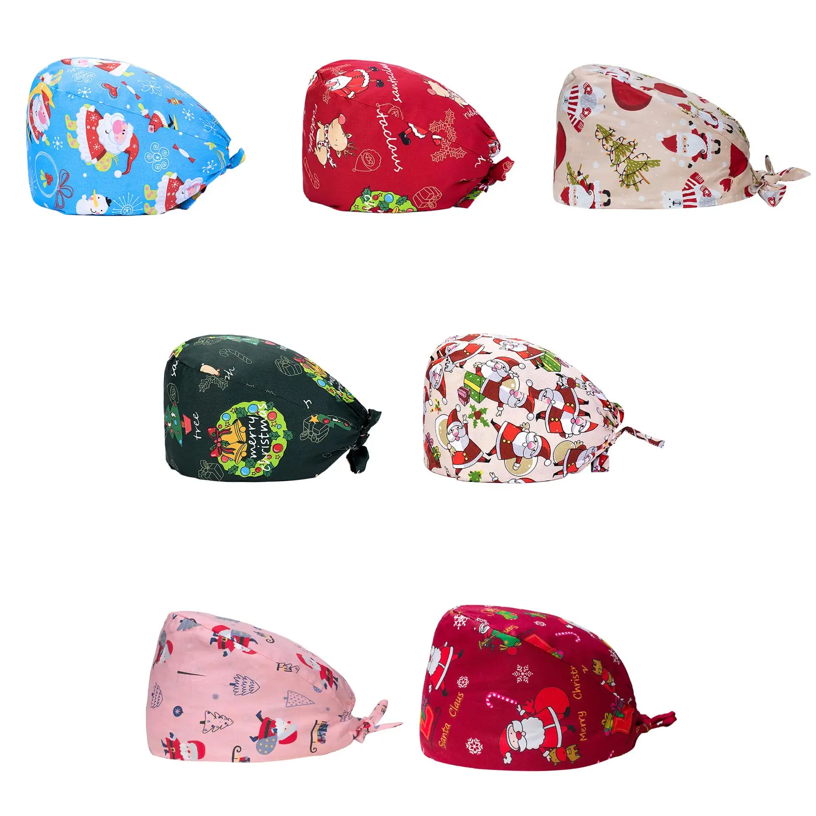 크리스마스 요소 패턴 프린트 모자 수술 모자 간호사 모자 땀밴드 조절 가능한 뒷끈 통기성 모자 여성 남성용