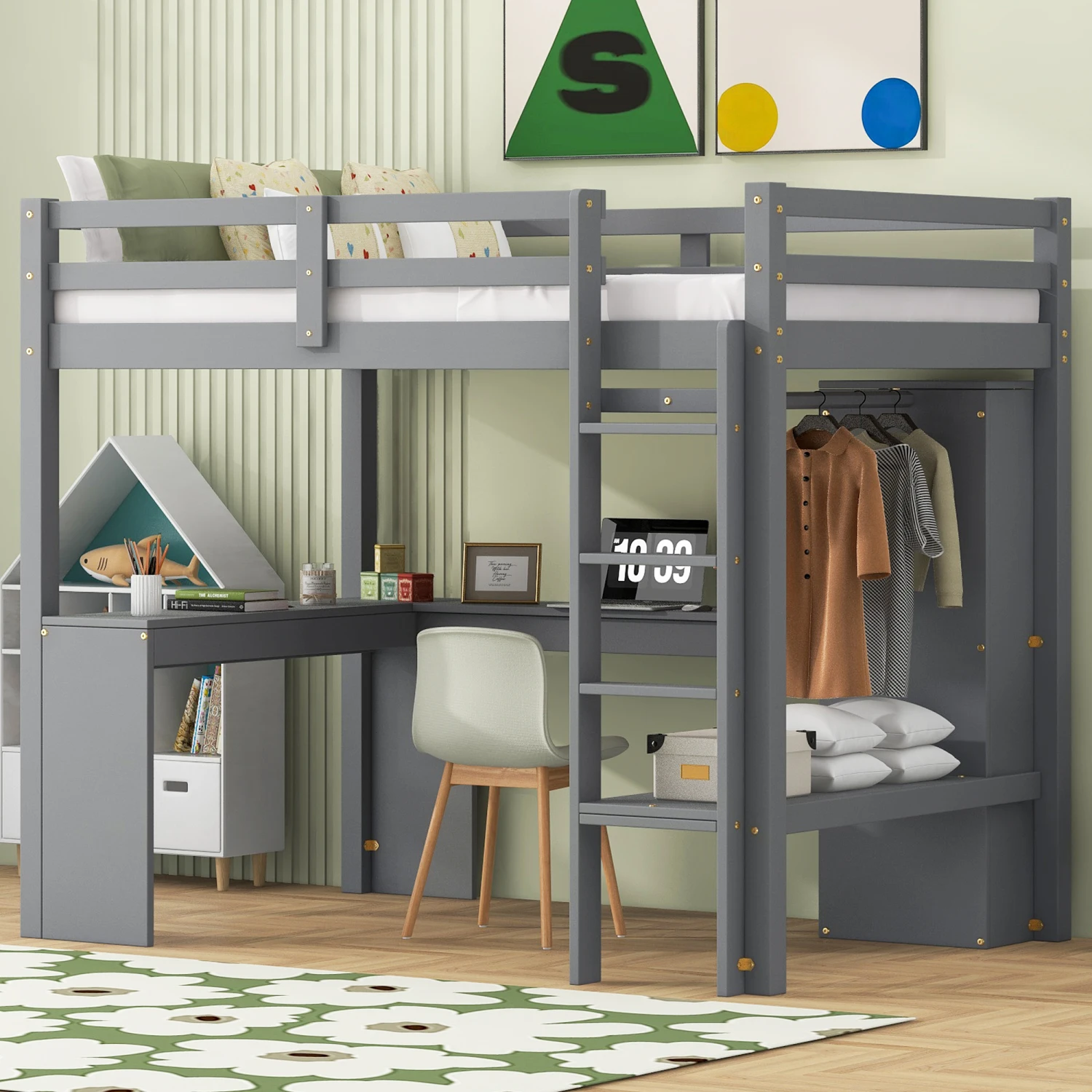 Grey Twin Size Loft Bed with L-shaped Desk, Wardrobe, Storage Shelves