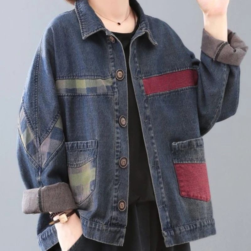 

Large Size Women's Thick Denim Jacket Women's Long Sleeved Top Women's Artistic Style Retro Plus Velvet Shirt Women