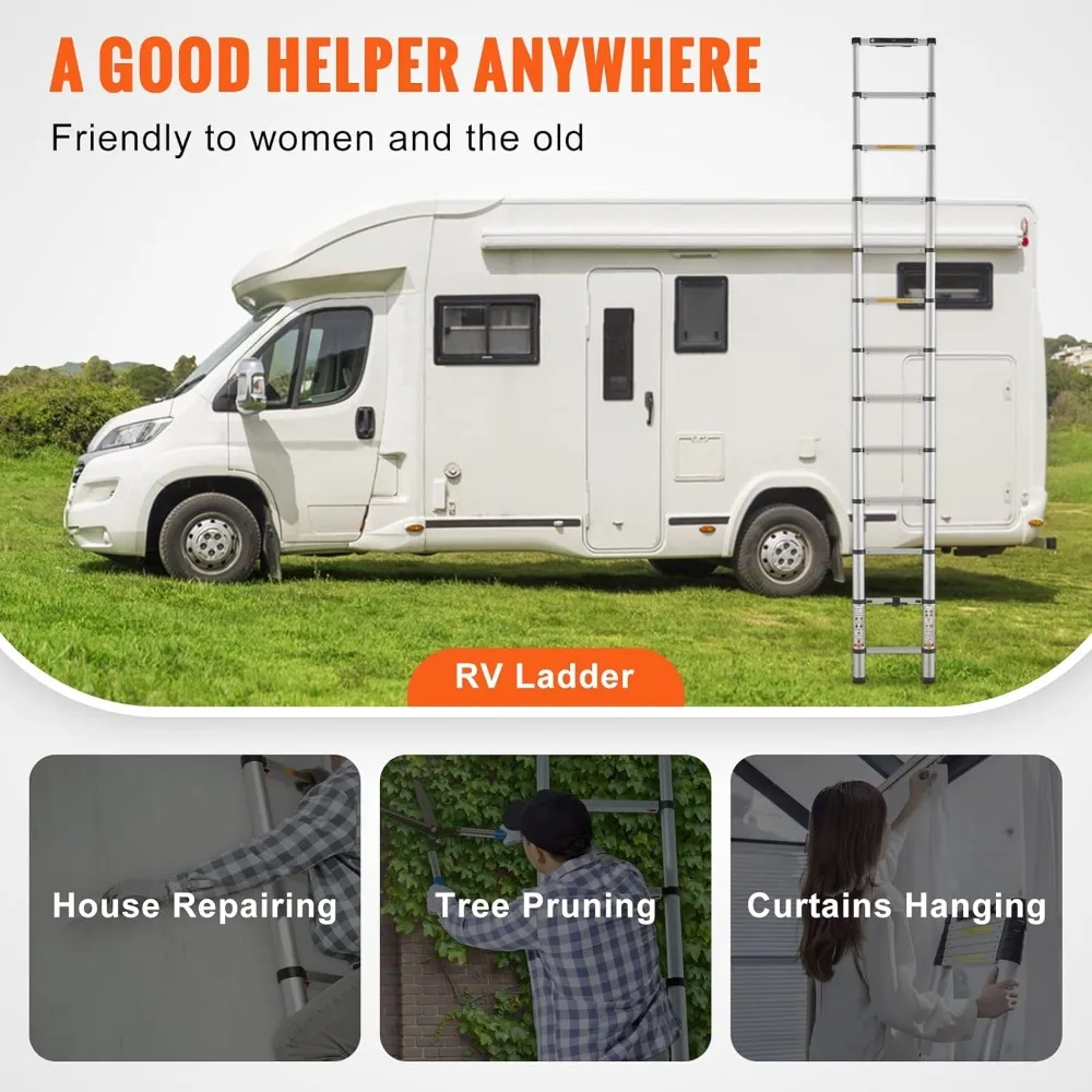 12.5FT Telescoping Ladder Aluminum One-Button Retraction 375LBS Capacity Non-Slip Portable Home RV Loft