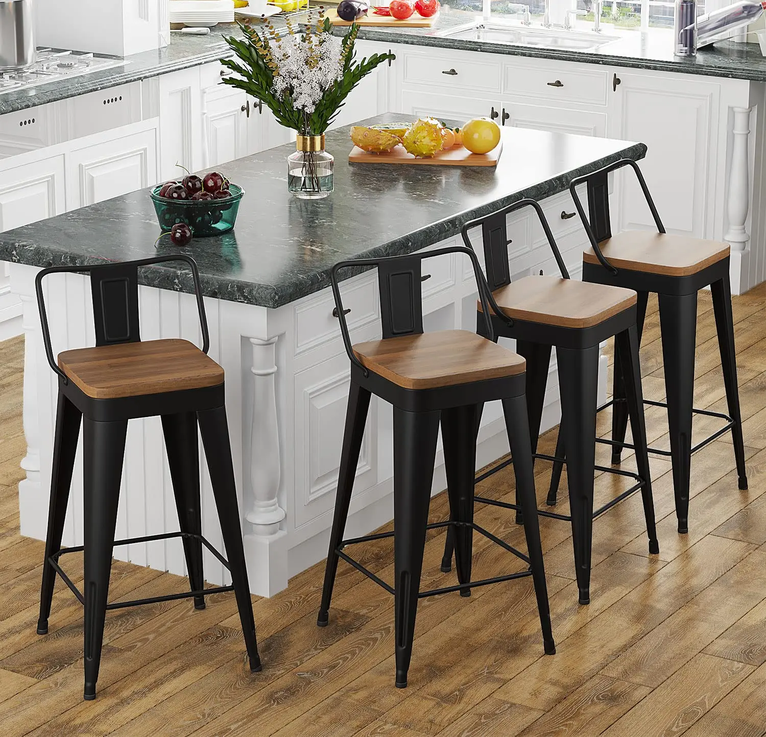 

Bar Stools Set of 4 Metal Bar Stool Counter Height Bar Stools Black, Modern 24" Bar Chairs with Back and Wooden, Customized